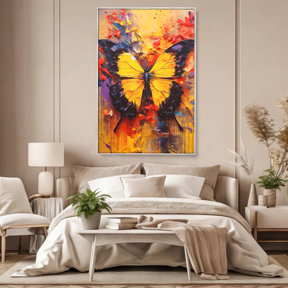 Tablou canvas cu pictura cu fluture galben, in rama de aluminiu argintiu, pe perete intr-un dormitor