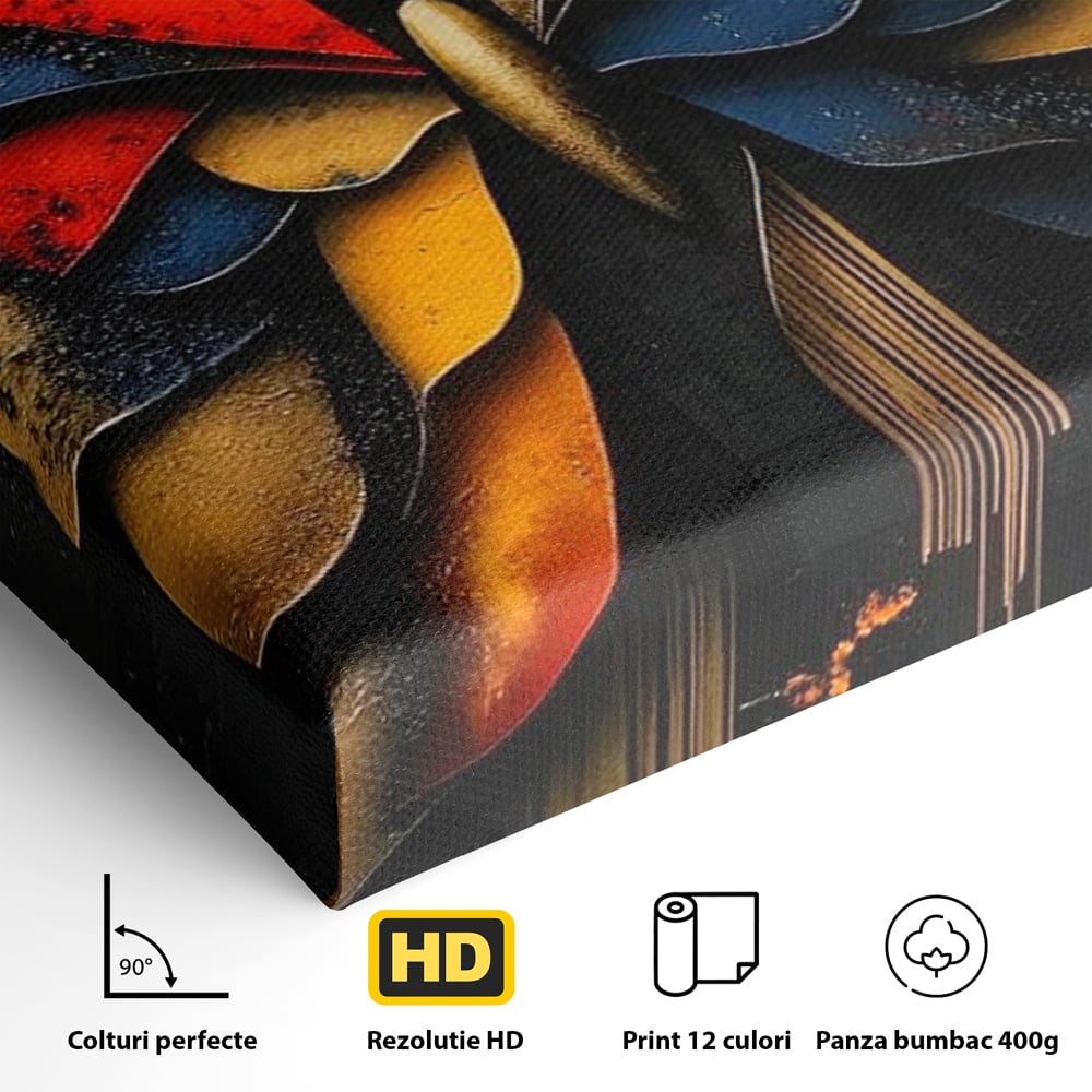 Detaliu al suprafetei: tablou canvas cu fluture abstract, fara rama, pe sasiu de lemn