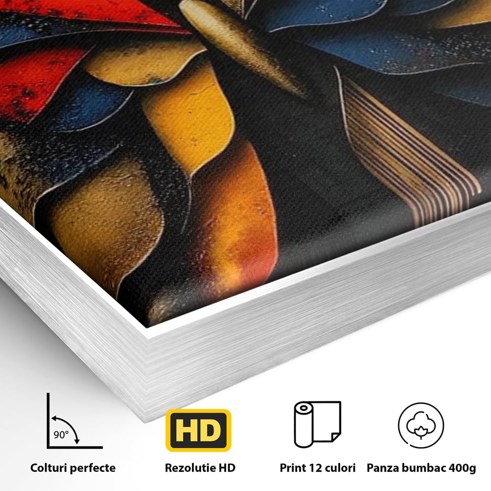 Detaliu al suprafetei: tablou canvas cu fluture abstract, in rama de aluminiu argintiu