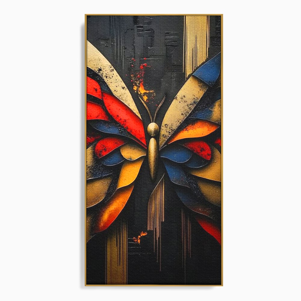 Tablou canvas cu tablou canvas cu fluture abstract, in rama de aluminiu auriu
