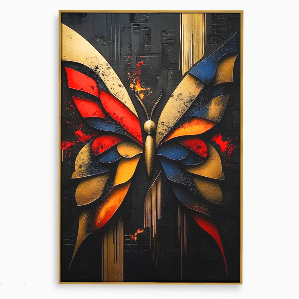 Tablou canvas cu tablou canvas cu fluture abstract, in rama de aluminiu auriu