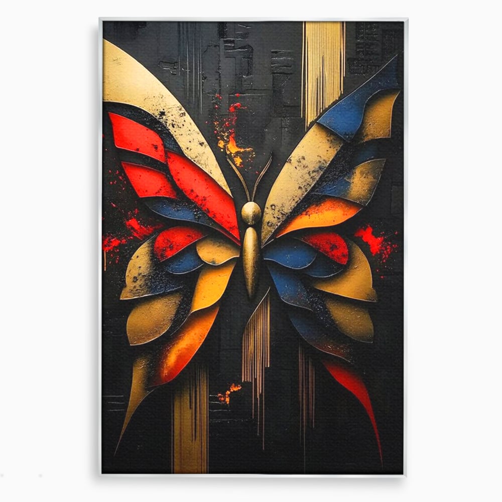 Tablou canvas cu tablou canvas cu fluture abstract, in rama de aluminiu argintiu