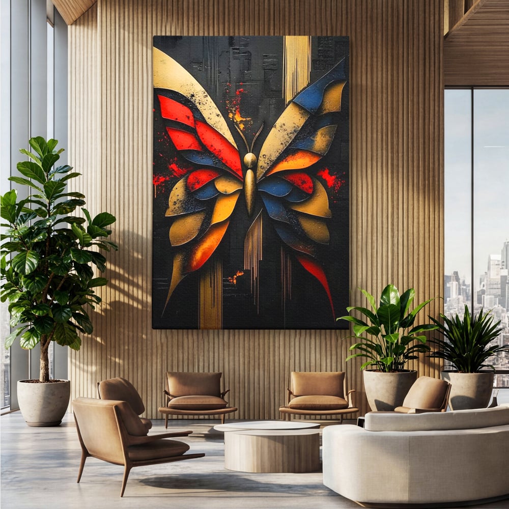 Tablou canvas cu tablou canvas cu fluture abstract, fara rama, pe sasiu de lemn, pe perete intr-un birou