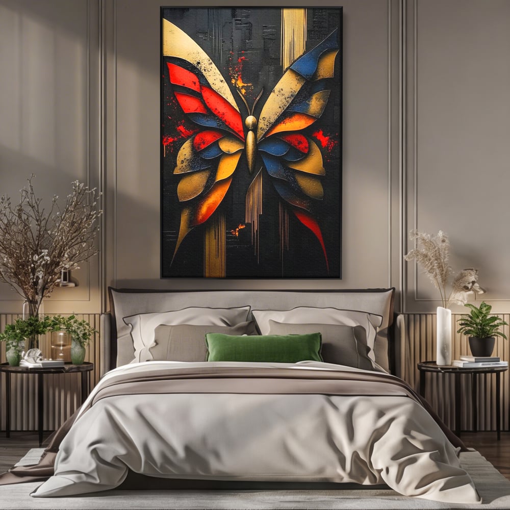 Tablou canvas cu tablou canvas cu fluture abstract, in rama de aluminiu negru, pe perete intr-un dormitor