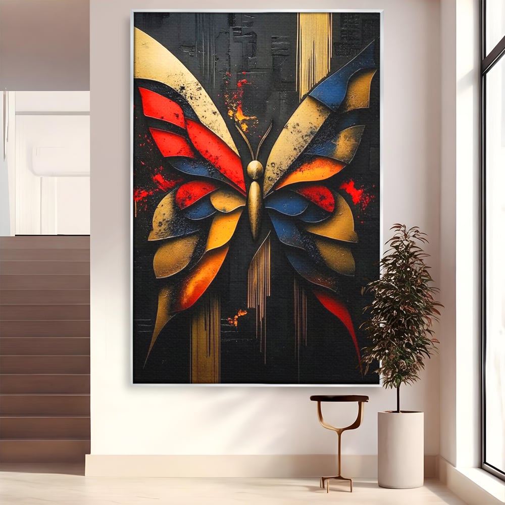 Tablou canvas cu tablou canvas cu fluture abstract, in rama de aluminiu argintiu