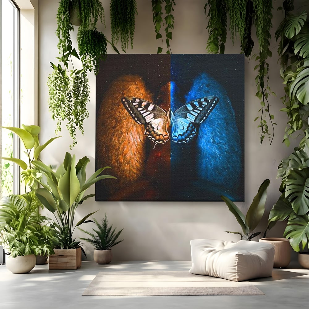 Tablou canvas cu ilustratie patrata cu fluture si plamani, fara rama, pe sasiu de lemn
