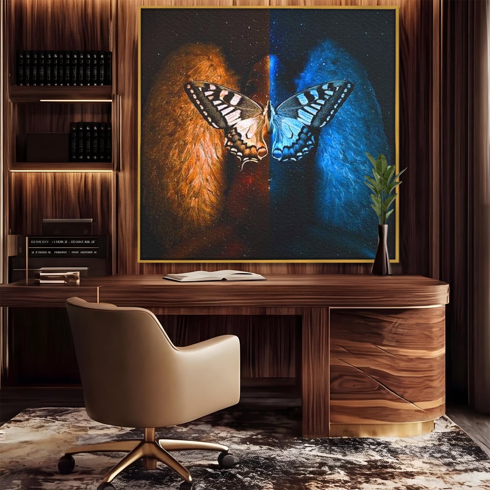 Tablou canvas cu ilustratie patrata cu fluture si plamani, in rama de aluminiu auriu, pe perete intr-un birou