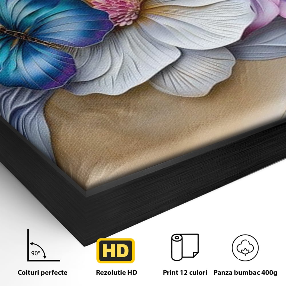 Detaliu al suprafetei: tablou canvas cu flori si fluture, in rama de aluminiu negru