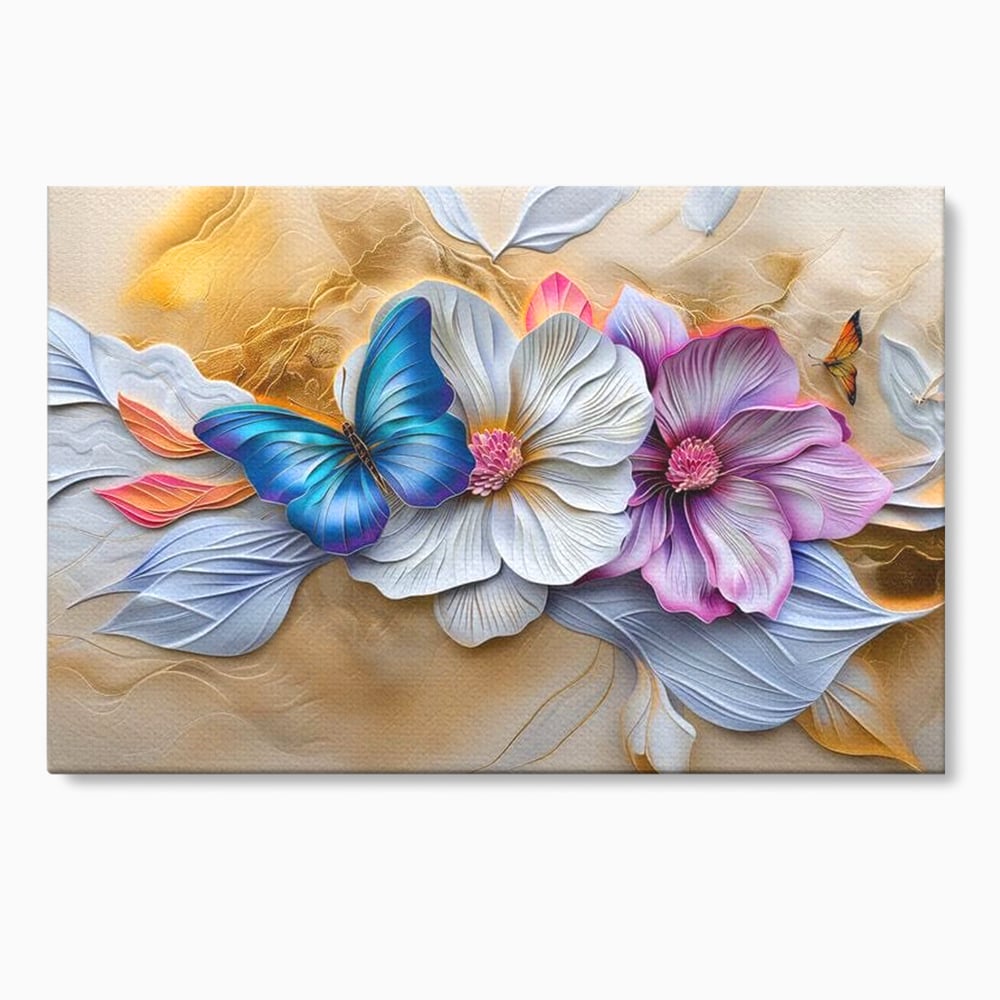 Tablou canvas cu tablou canvas cu flori si fluture, fara rama, pe sasiu de lemn