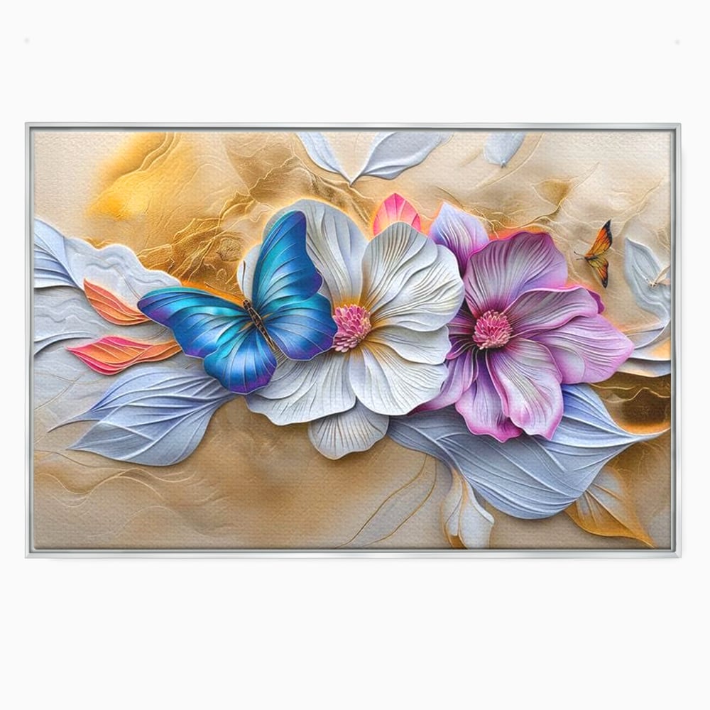 Tablou canvas cu tablou canvas cu flori si fluture, in rama de aluminiu argintiu
