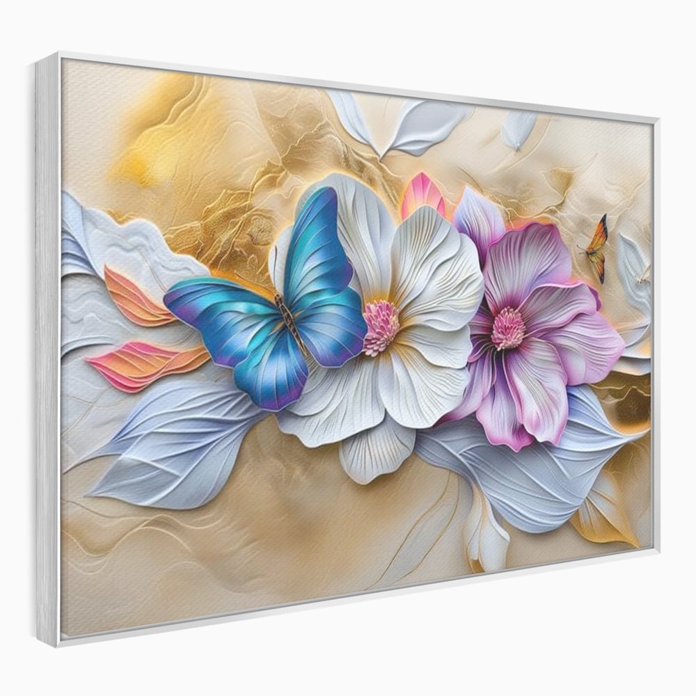 Tablou canvas cu tablou canvas cu flori si fluture, in rama de aluminiu argintiu