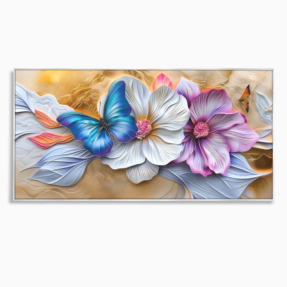 Tablou canvas cu tablou canvas cu flori si fluture, in rama de aluminiu argintiu