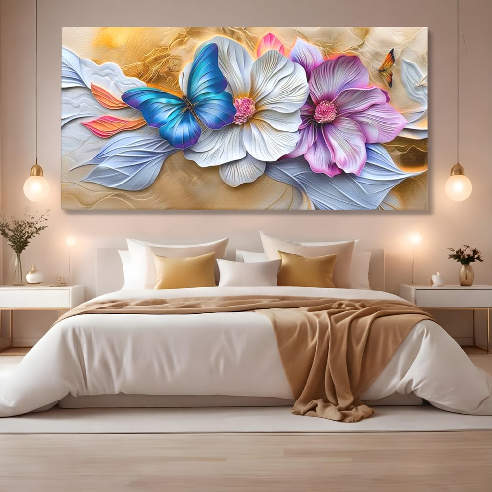 Tablou canvas cu tablou canvas cu flori si fluture, fara rama, pe sasiu de lemn, pe perete intr-un dormitor