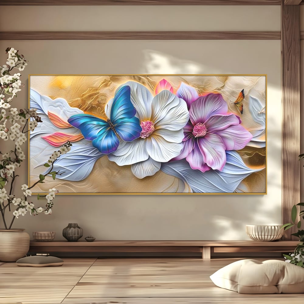 Tablou canvas cu tablou canvas cu flori si fluture, in rama de aluminiu auriu