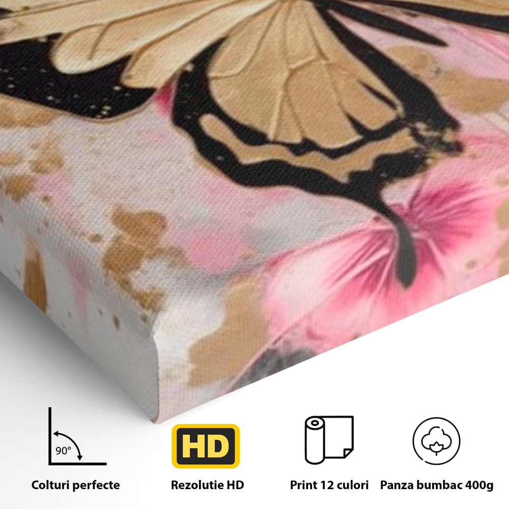 Detaliu al suprafetei: tablou canvas cu fluture auriu si graffiti roz, fara rama, pe sasiu de lemn