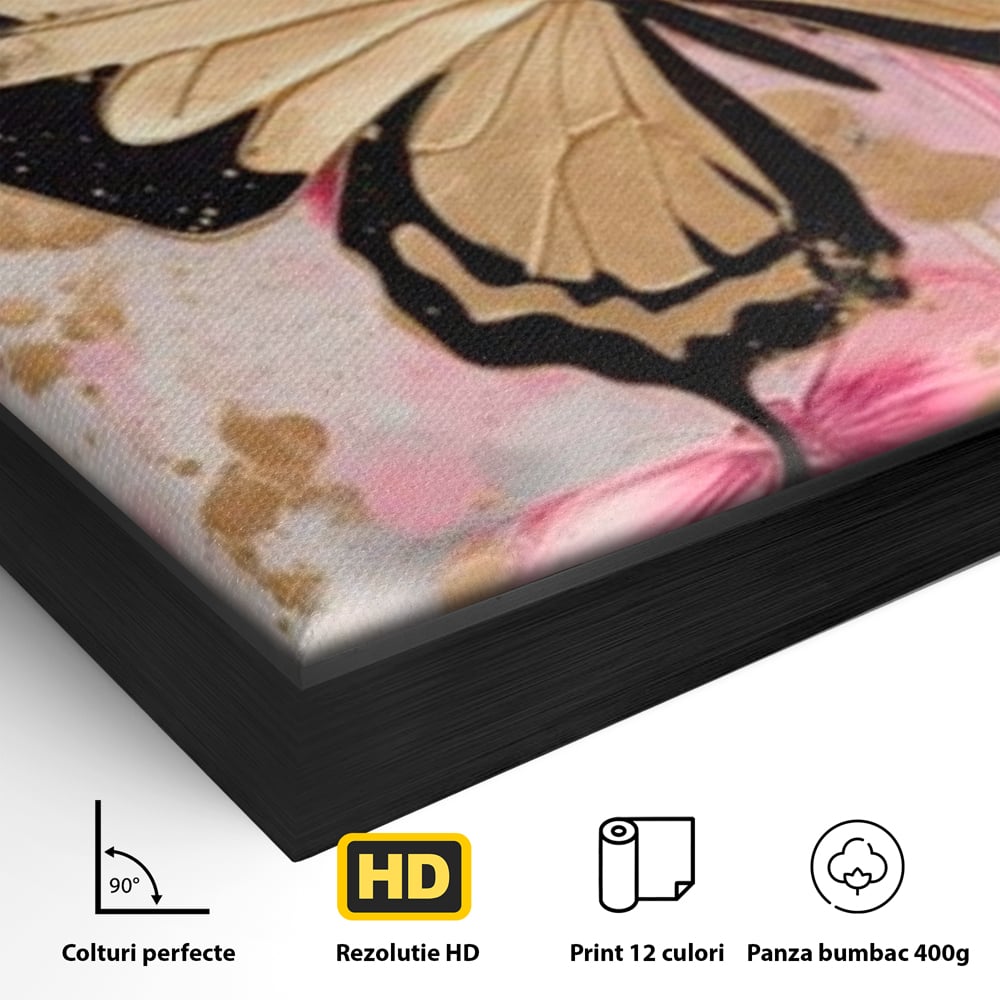 Detaliu al suprafetei: tablou canvas cu fluture auriu si graffiti roz, in rama de aluminiu negru