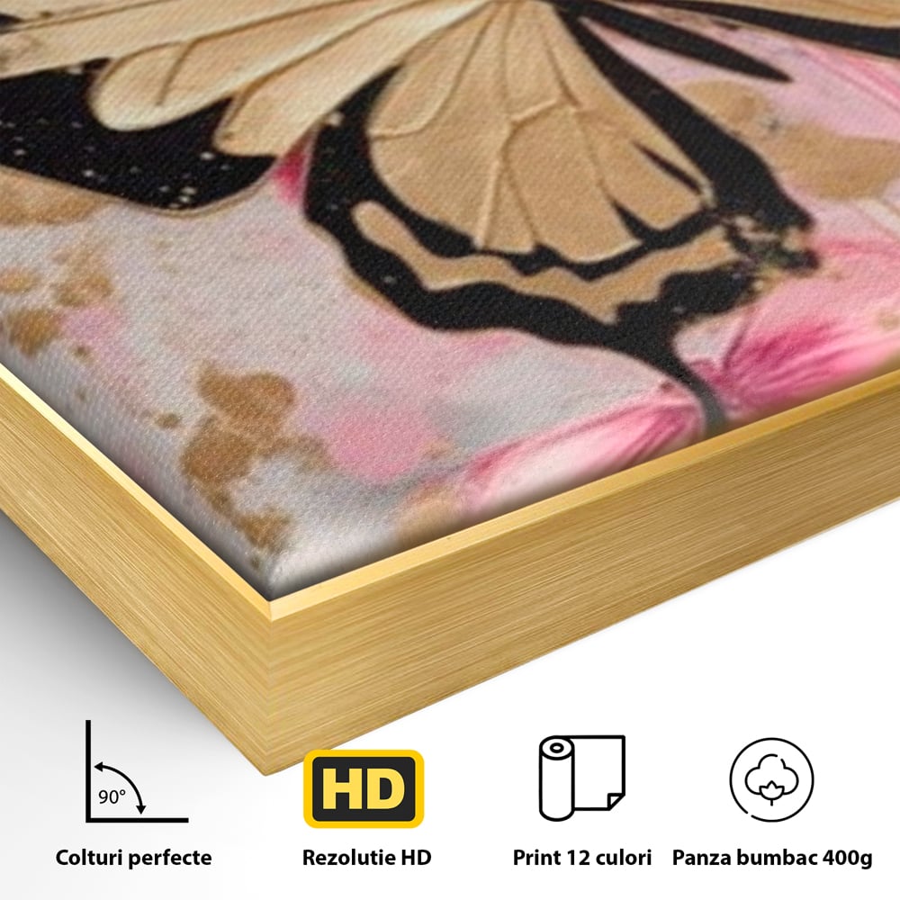 Detaliu al suprafetei: tablou canvas cu fluture auriu si graffiti roz, in rama de aluminiu auriu
