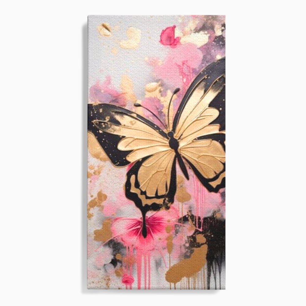 Tablou canvas cu tablou canvas cu fluture auriu si graffiti roz, fara rama, pe sasiu de lemn