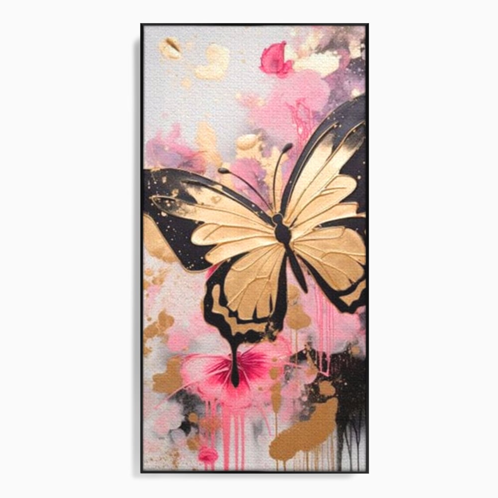 Tablou canvas cu tablou canvas cu fluture auriu si graffiti roz, in rama de aluminiu negru