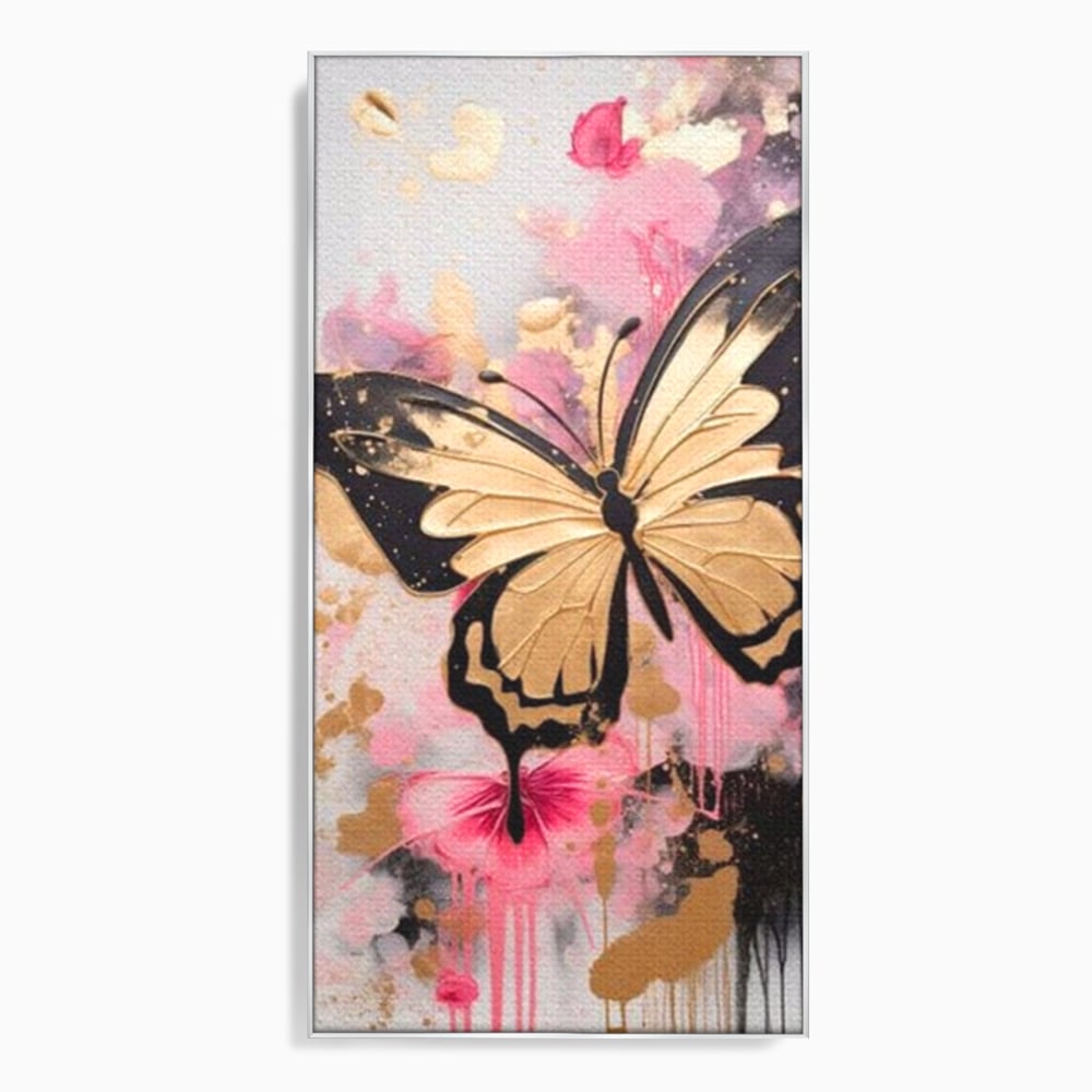 Tablou canvas cu tablou canvas cu fluture auriu si graffiti roz, in rama de aluminiu argintiu