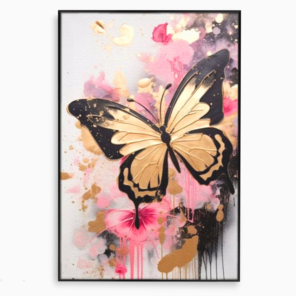 Tablou canvas cu tablou canvas cu fluture auriu si graffiti roz, in rama de aluminiu negru
