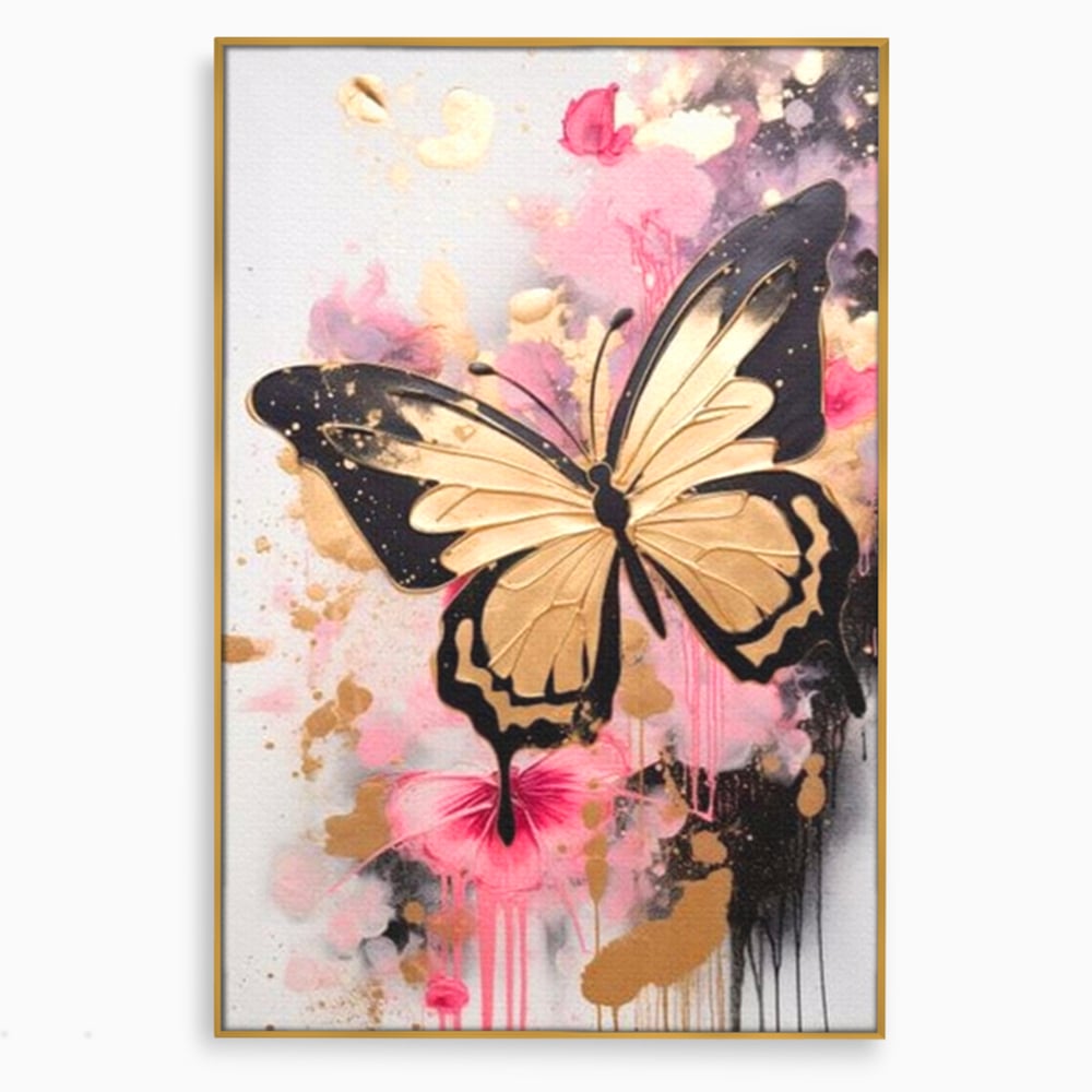 Tablou canvas cu tablou canvas cu fluture auriu si graffiti roz, in rama de aluminiu auriu