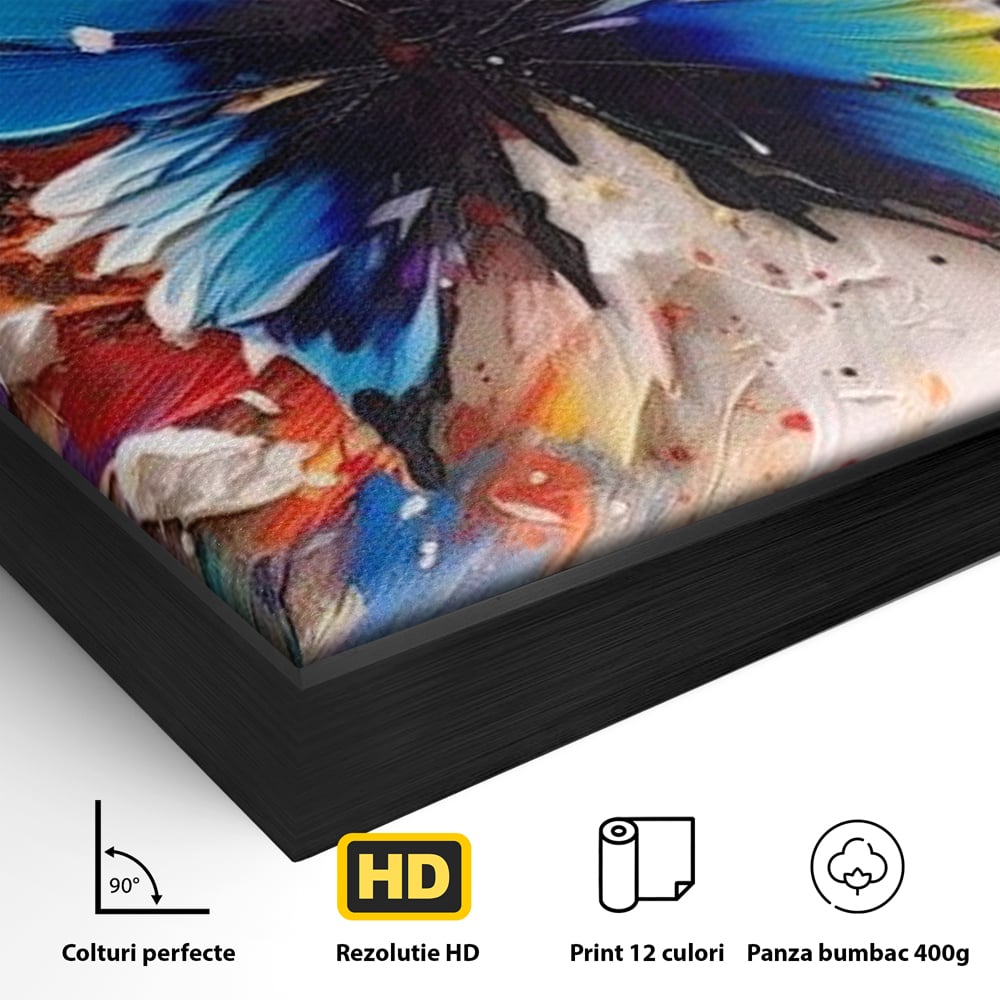Detaliu al suprafetei: tablou canvas cu fluture albastru, in rama de aluminiu negru