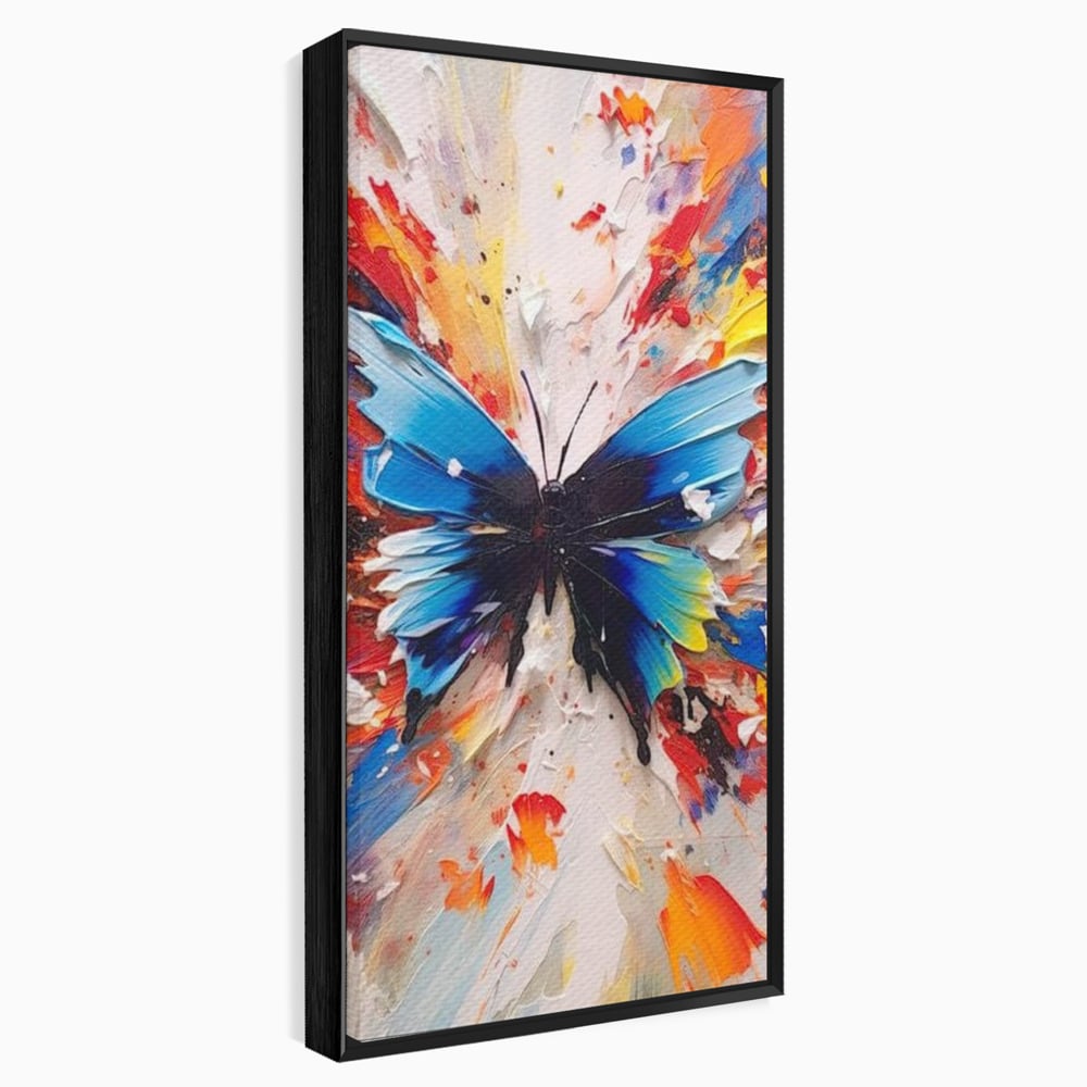 Tablou canvas cu tablou canvas cu fluture albastru, in rama de aluminiu negru