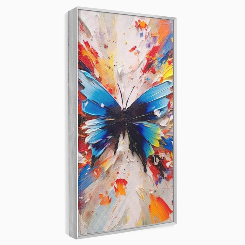 Tablou canvas cu tablou canvas cu fluture albastru, in rama de aluminiu argintiu