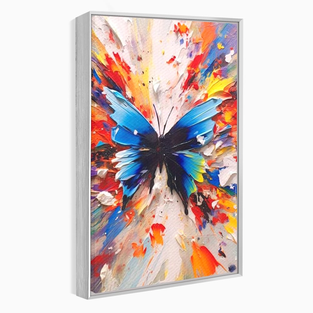 Tablou canvas cu tablou canvas cu fluture albastru, in rama de aluminiu argintiu