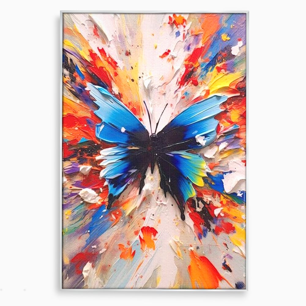 Tablou canvas cu tablou canvas cu fluture albastru, in rama de aluminiu argintiu