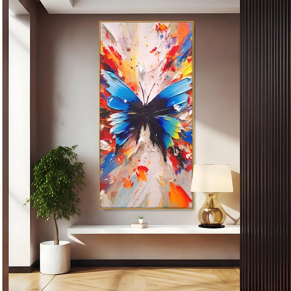 Tablou canvas cu tablou canvas cu fluture albastru, in rama de aluminiu auriu