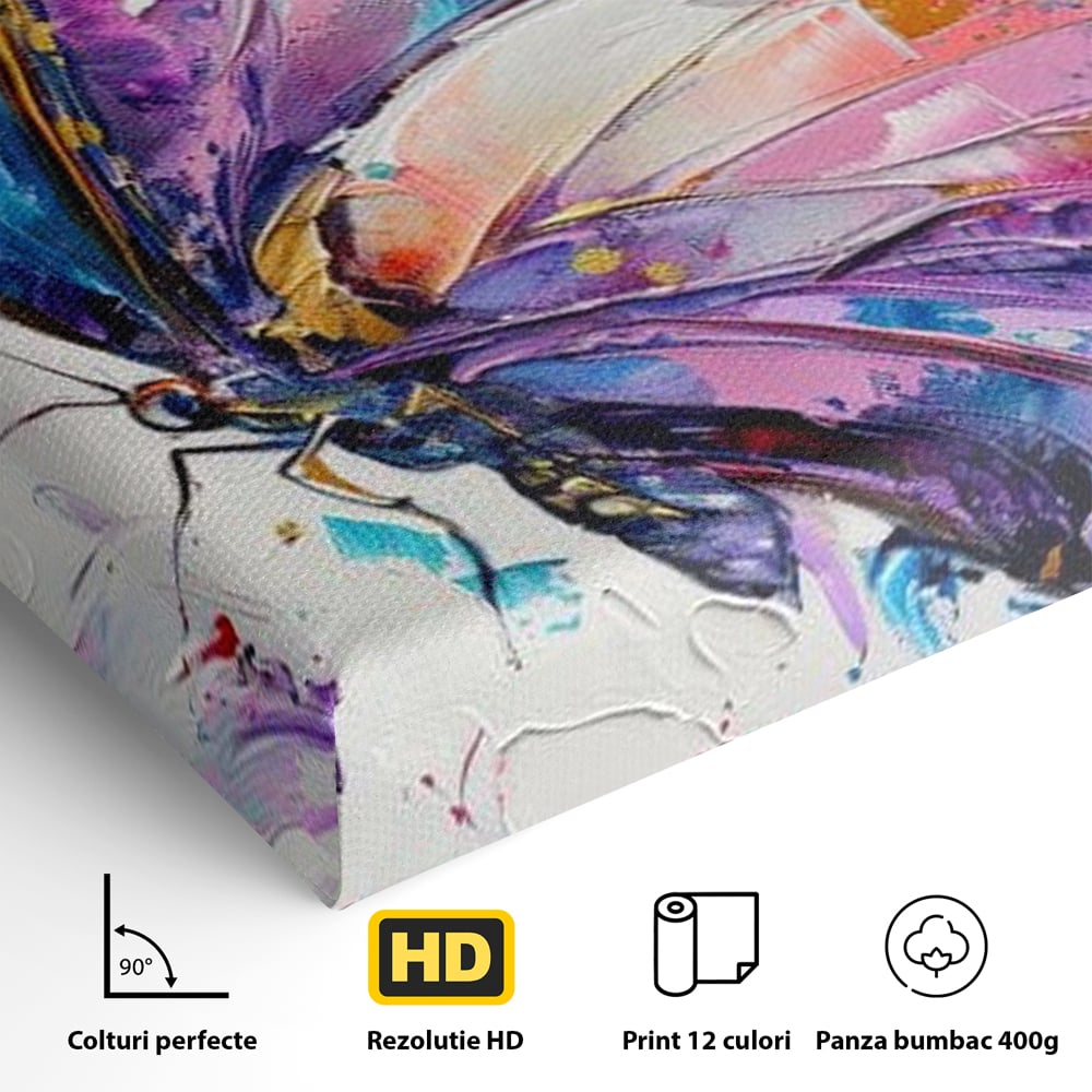 Detaliu al suprafetei: tablou canvas cu fluture pictat in nuante de violet, fara rama, pe sasiu de lemn