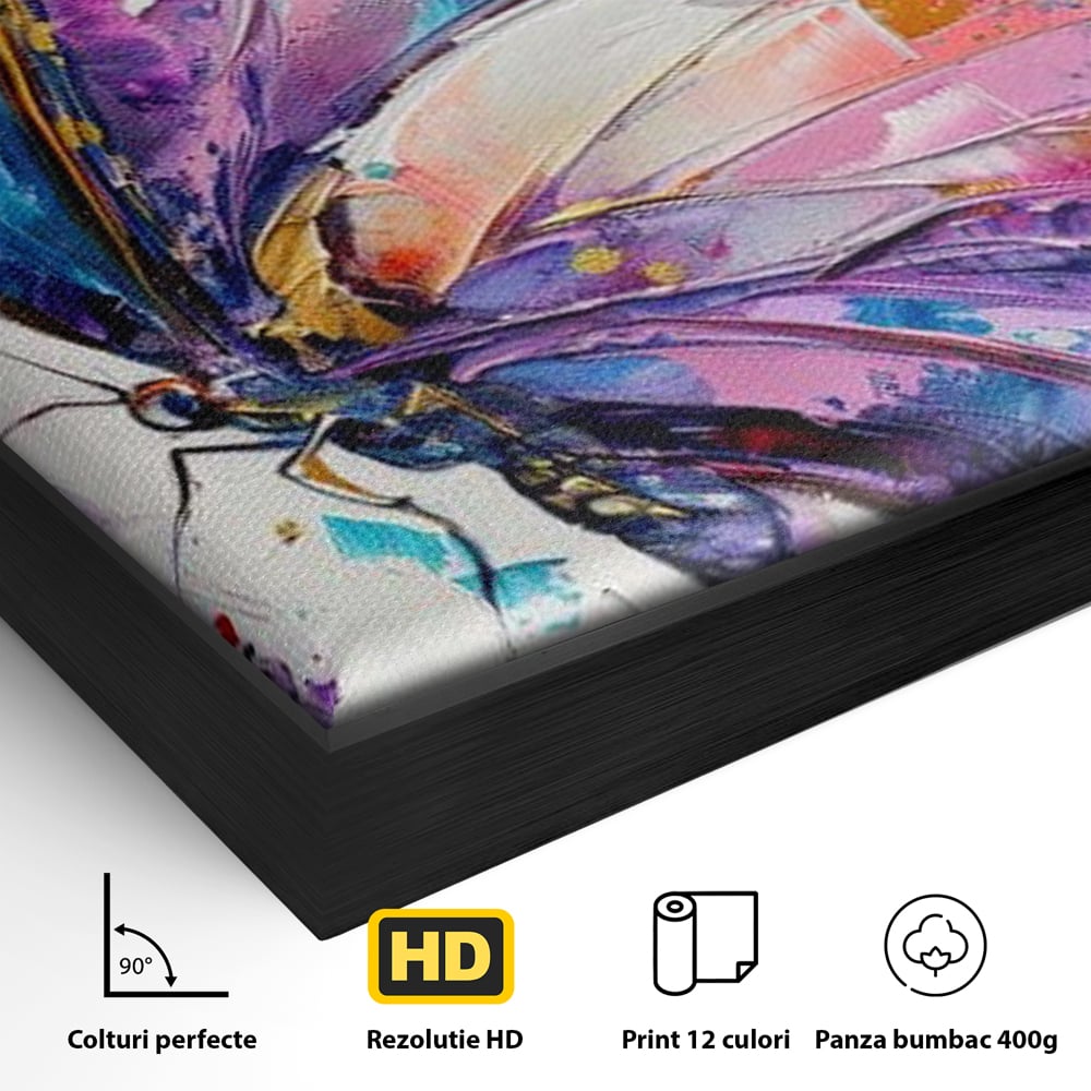 Detaliu al suprafetei: tablou canvas cu fluture pictat in nuante de violet, in rama de aluminiu negru