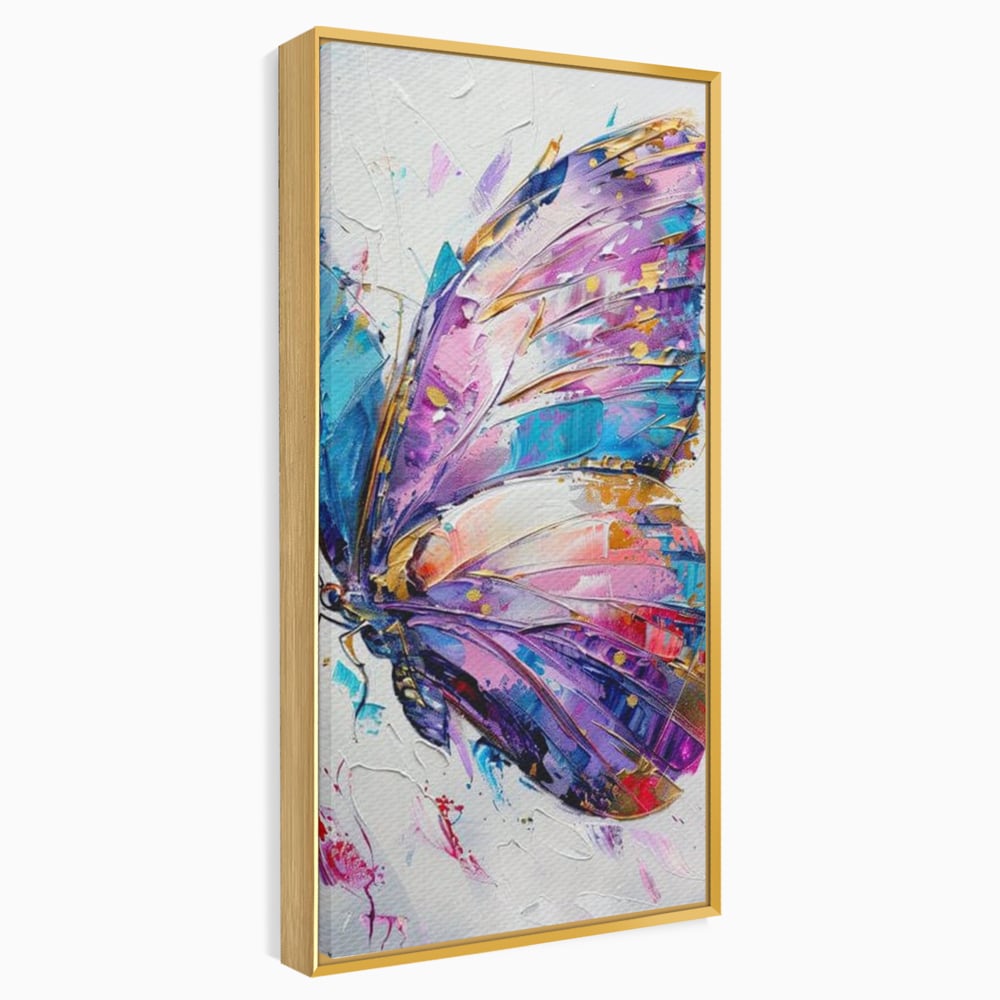 Tablou canvas cu tablou canvas cu fluture pictat in nuante de violet, in rama de aluminiu auriu