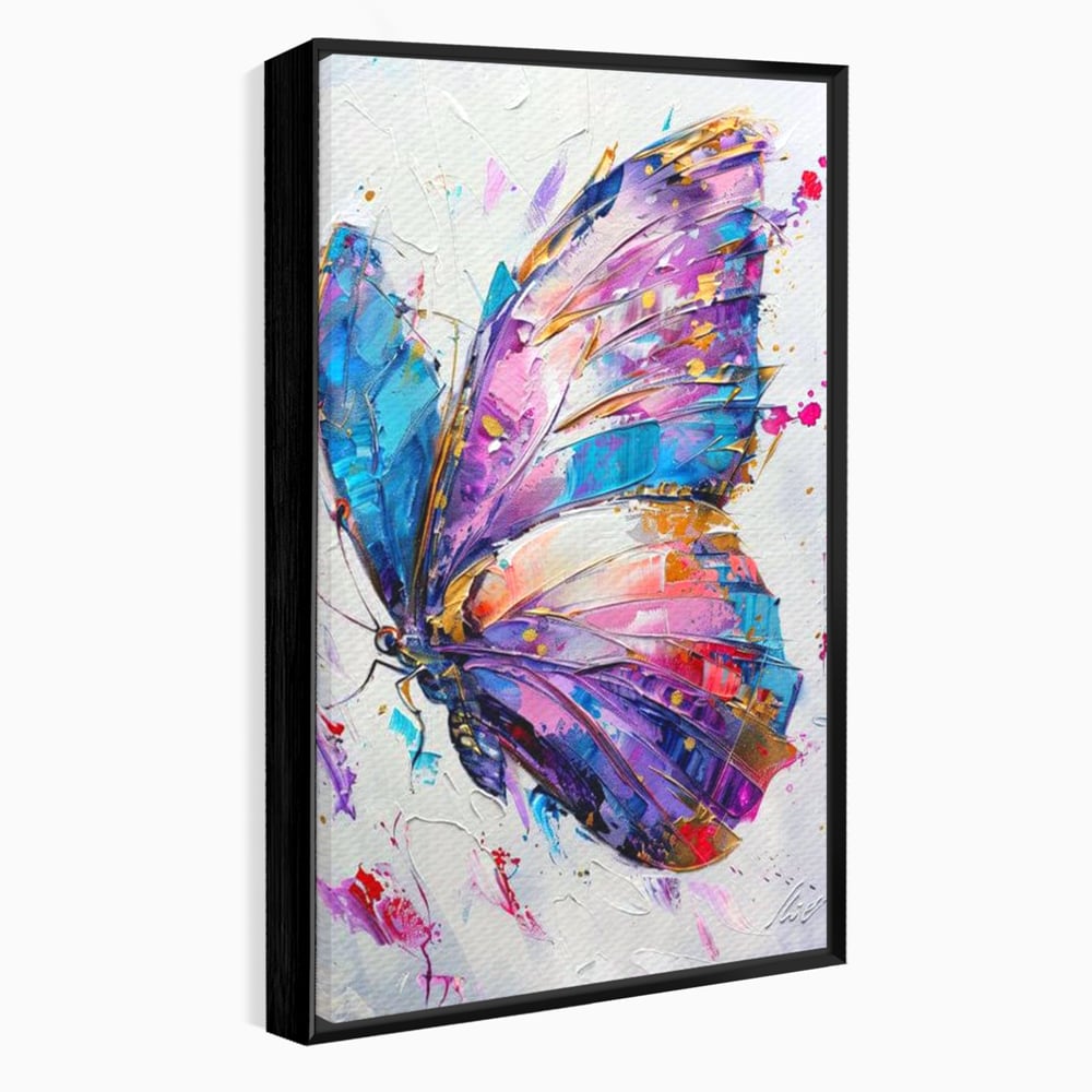 Tablou canvas cu tablou canvas cu fluture pictat in nuante de violet, in rama de aluminiu negru