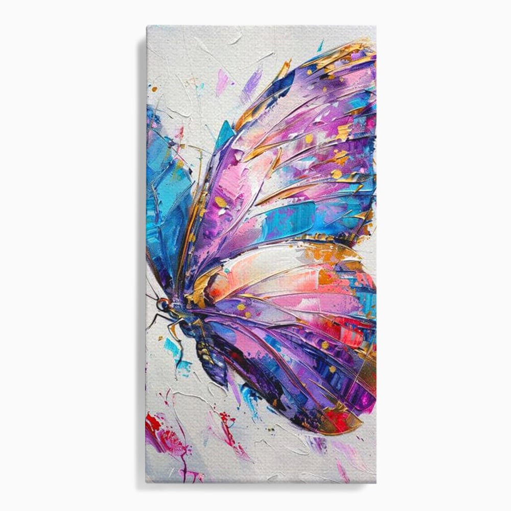 Tablou canvas cu tablou canvas cu fluture pictat in nuante de violet, fara rama, pe sasiu de lemn