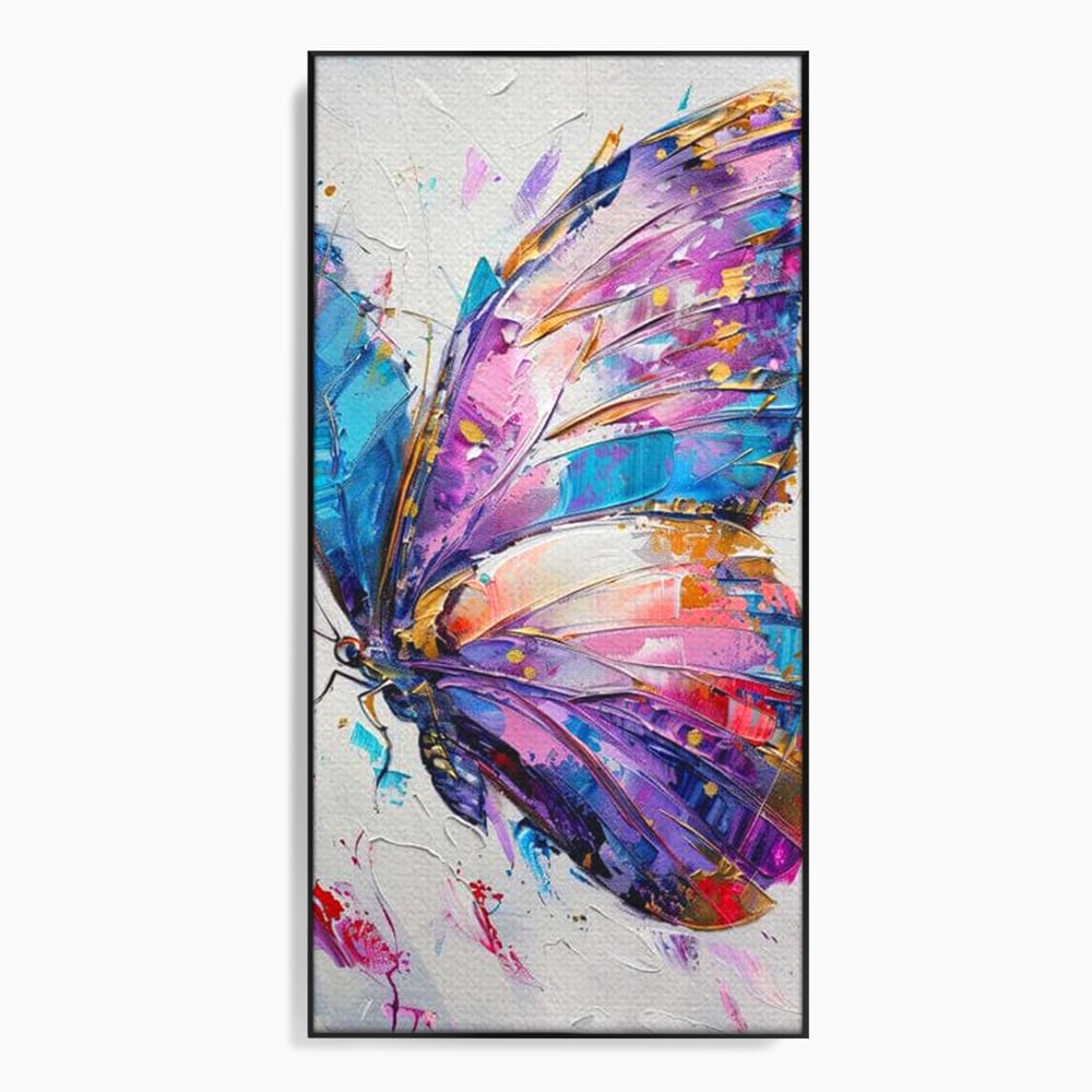 Tablou canvas cu tablou canvas cu fluture pictat in nuante de violet, in rama de aluminiu negru