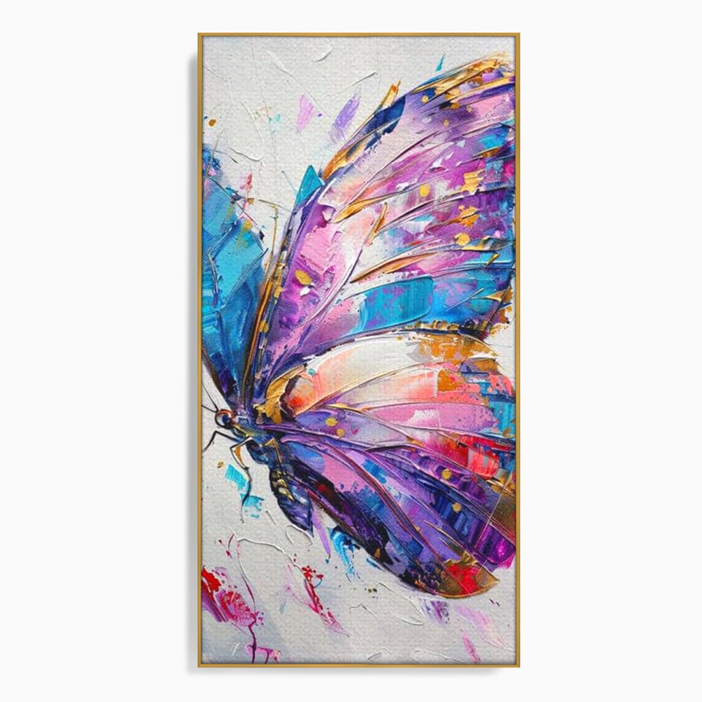 Tablou canvas cu tablou canvas cu fluture pictat in nuante de violet, in rama de aluminiu auriu
