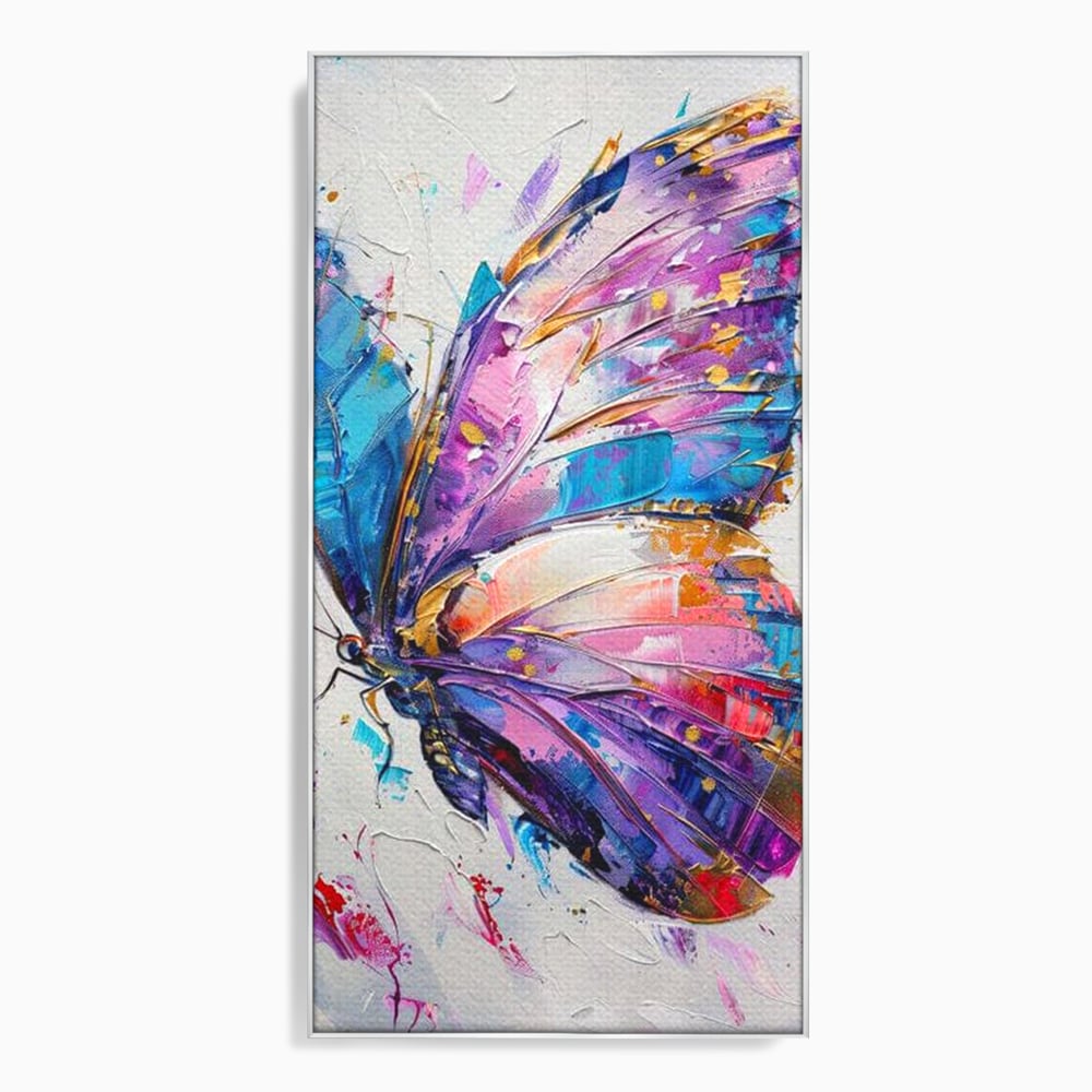 Tablou canvas cu tablou canvas cu fluture pictat in nuante de violet, in rama de aluminiu argintiu