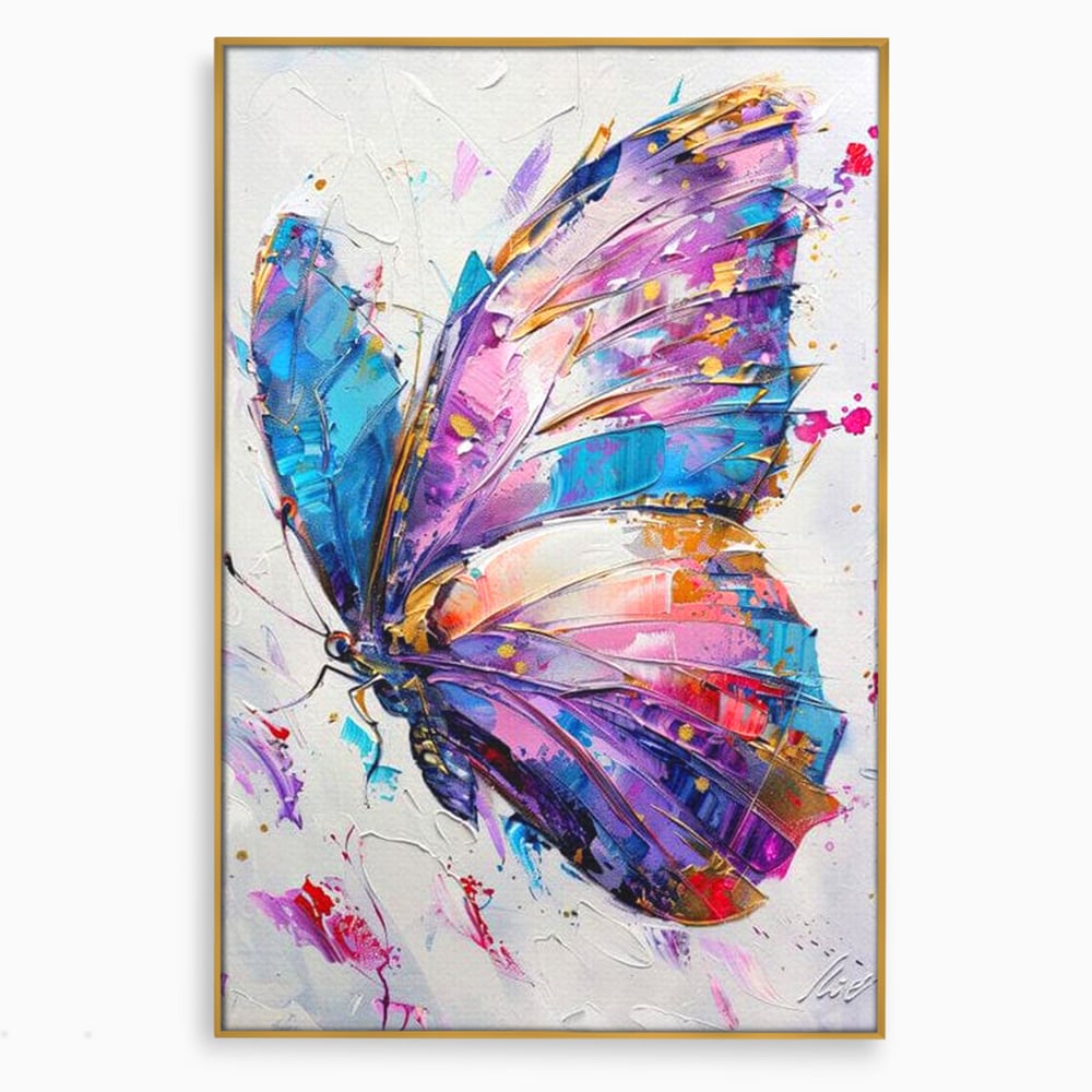 Tablou canvas cu tablou canvas cu fluture pictat in nuante de violet, in rama de aluminiu auriu