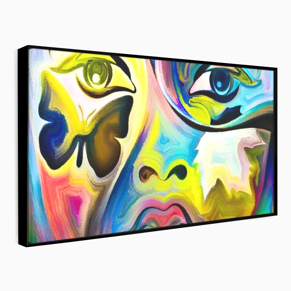 Tablou canvas cu tablou canvas cu chip abstract si fluture, in rama de aluminiu negru