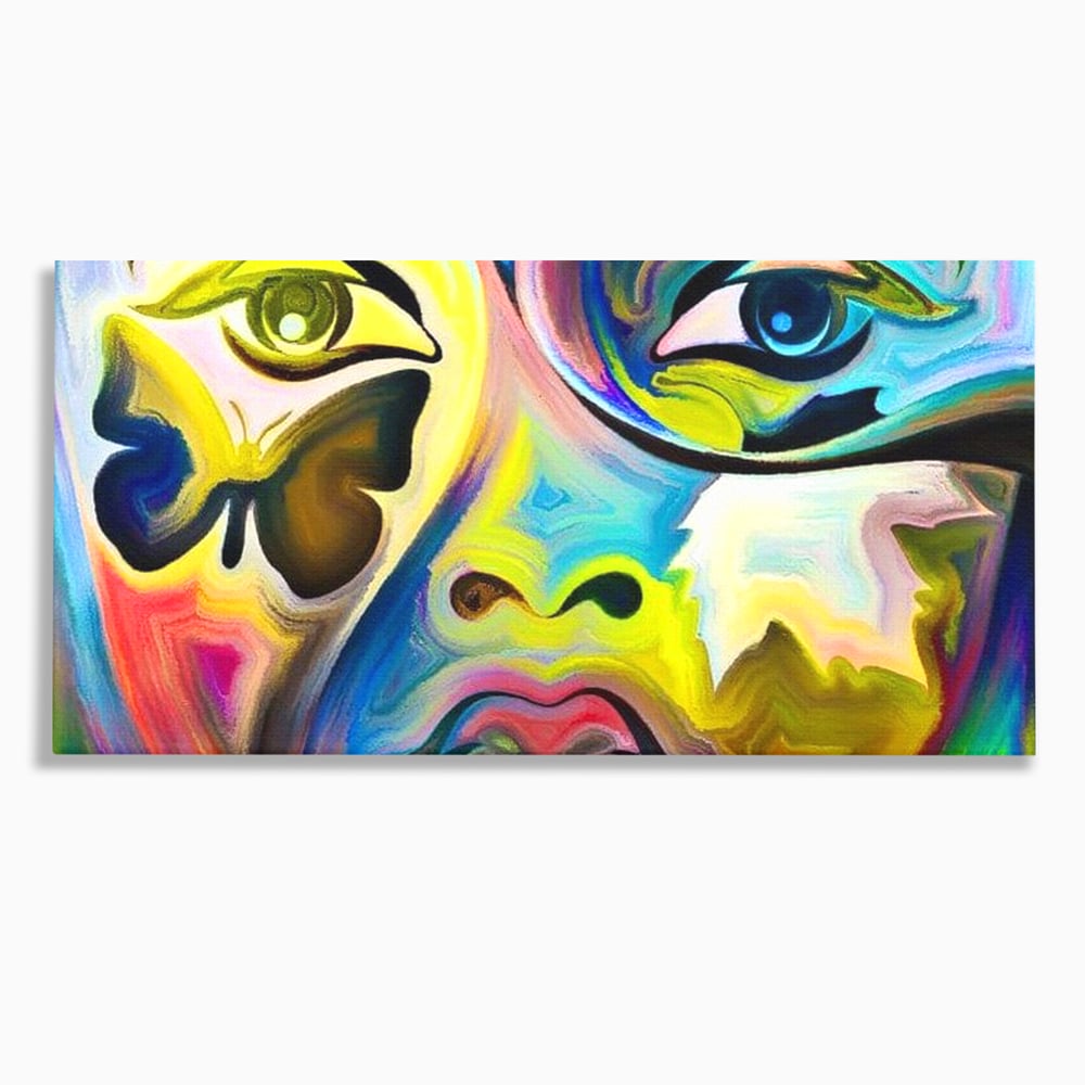 Tablou canvas cu tablou canvas cu chip abstract si fluture, fara rama, pe sasiu de lemn