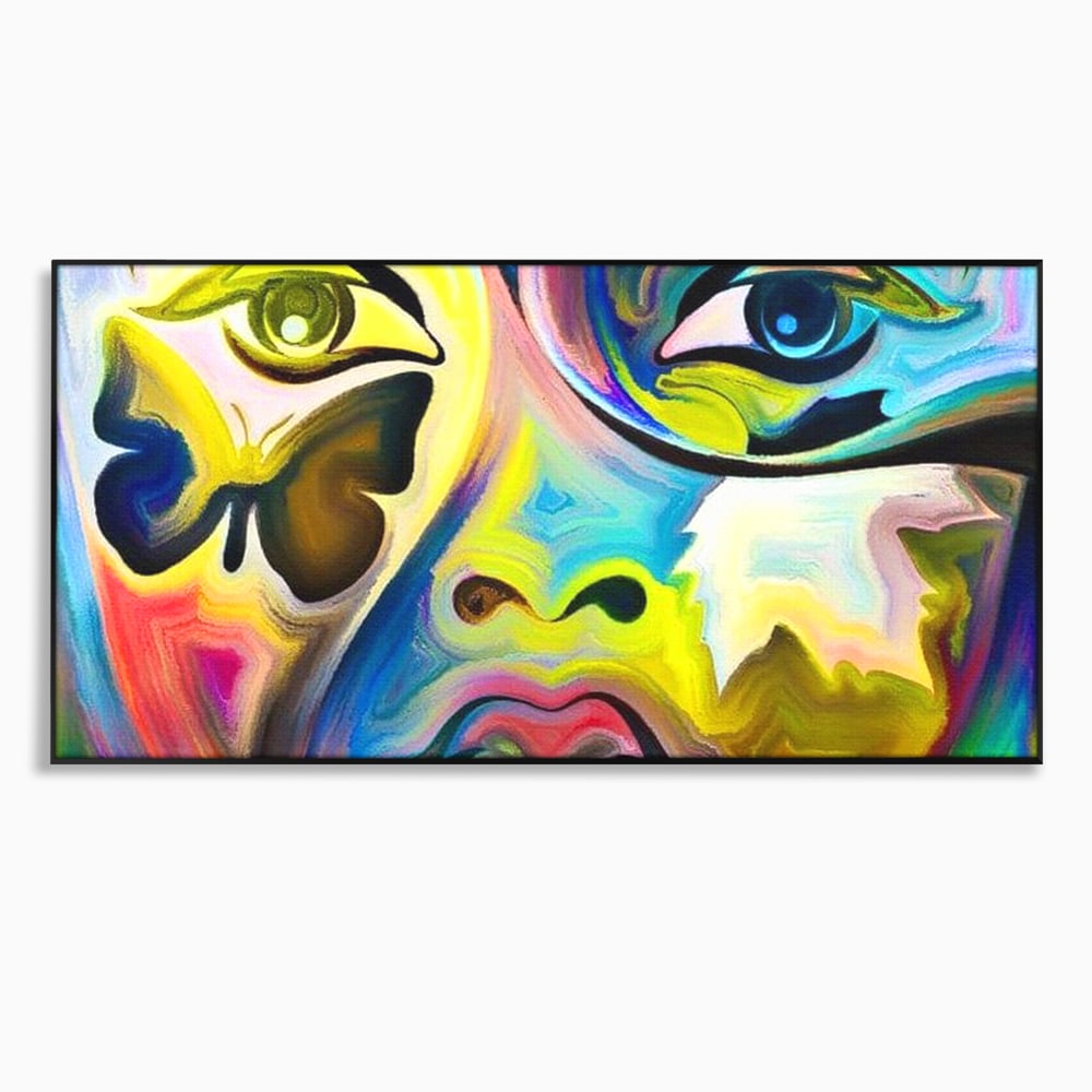 Tablou canvas cu tablou canvas cu chip abstract si fluture, in rama de aluminiu negru