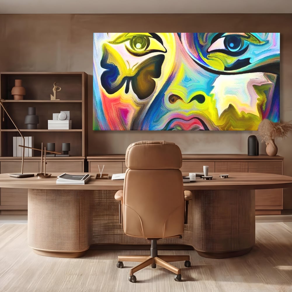 Tablou canvas cu tablou canvas cu chip abstract si fluture, fara rama, pe sasiu de lemn, pe perete intr-un birou