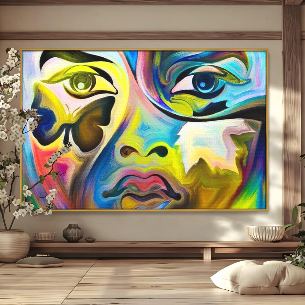 Tablou canvas cu tablou canvas cu chip abstract si fluture, in rama de aluminiu auriu