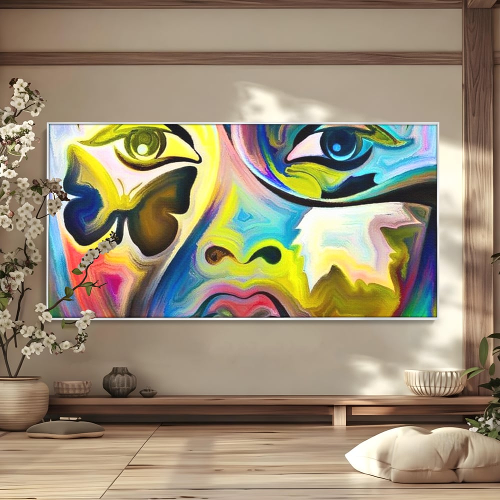 Tablou canvas cu tablou canvas cu chip abstract si fluture, in rama de aluminiu argintiu