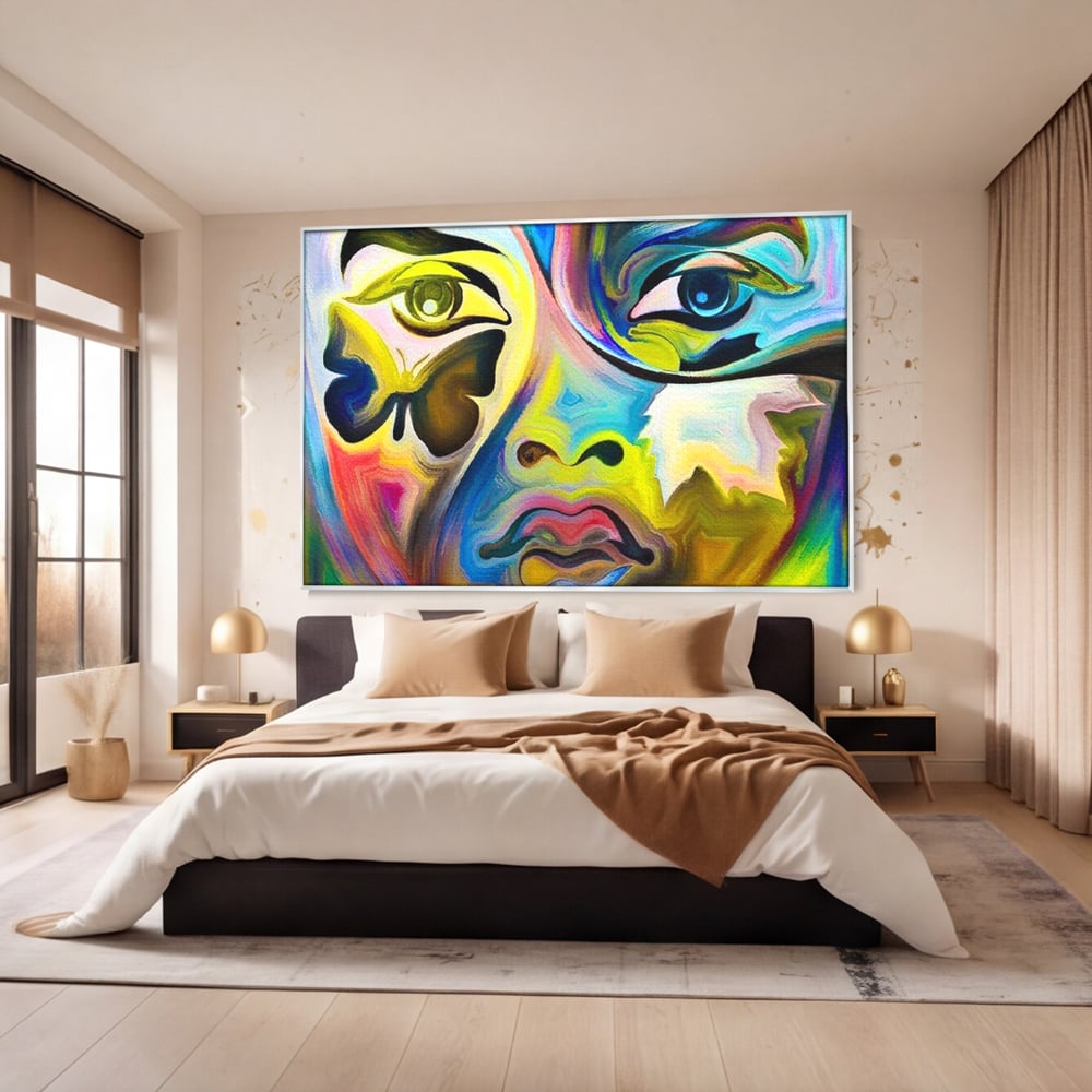 Tablou canvas cu tablou canvas cu chip abstract si fluture, in rama de aluminiu argintiu, pe perete intr-un dormitor
