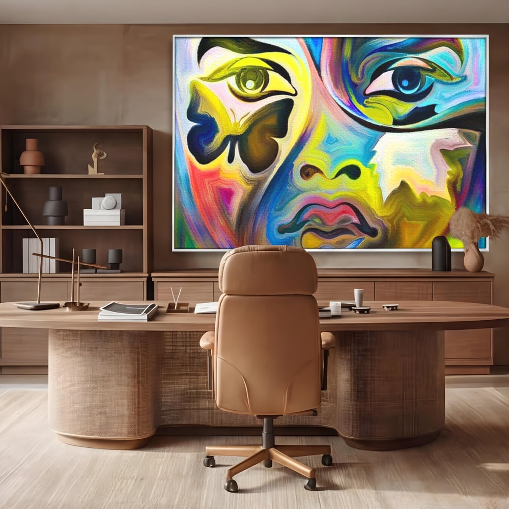 Tablou canvas cu tablou canvas cu chip abstract si fluture, in rama de aluminiu argintiu, pe perete intr-un birou