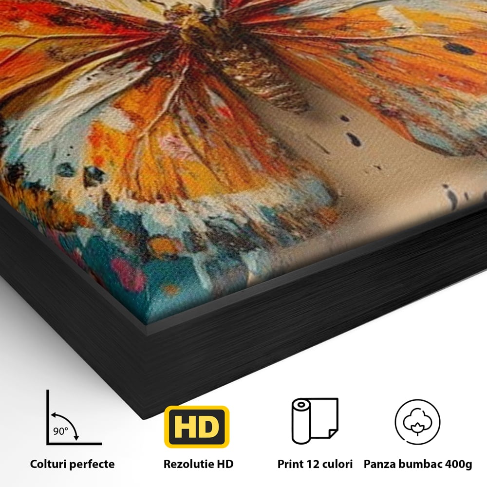 Detaliu al suprafetei: pictura canvas cu fluture portocaliu pe fond cromatic, in rama de aluminiu negru